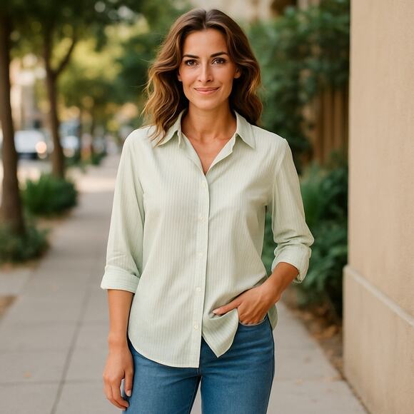 Chico’s Metallic Thread Shirt Size 2 Large Green Silver 3/4 Sleeve Blouse - Picture 1 of 9